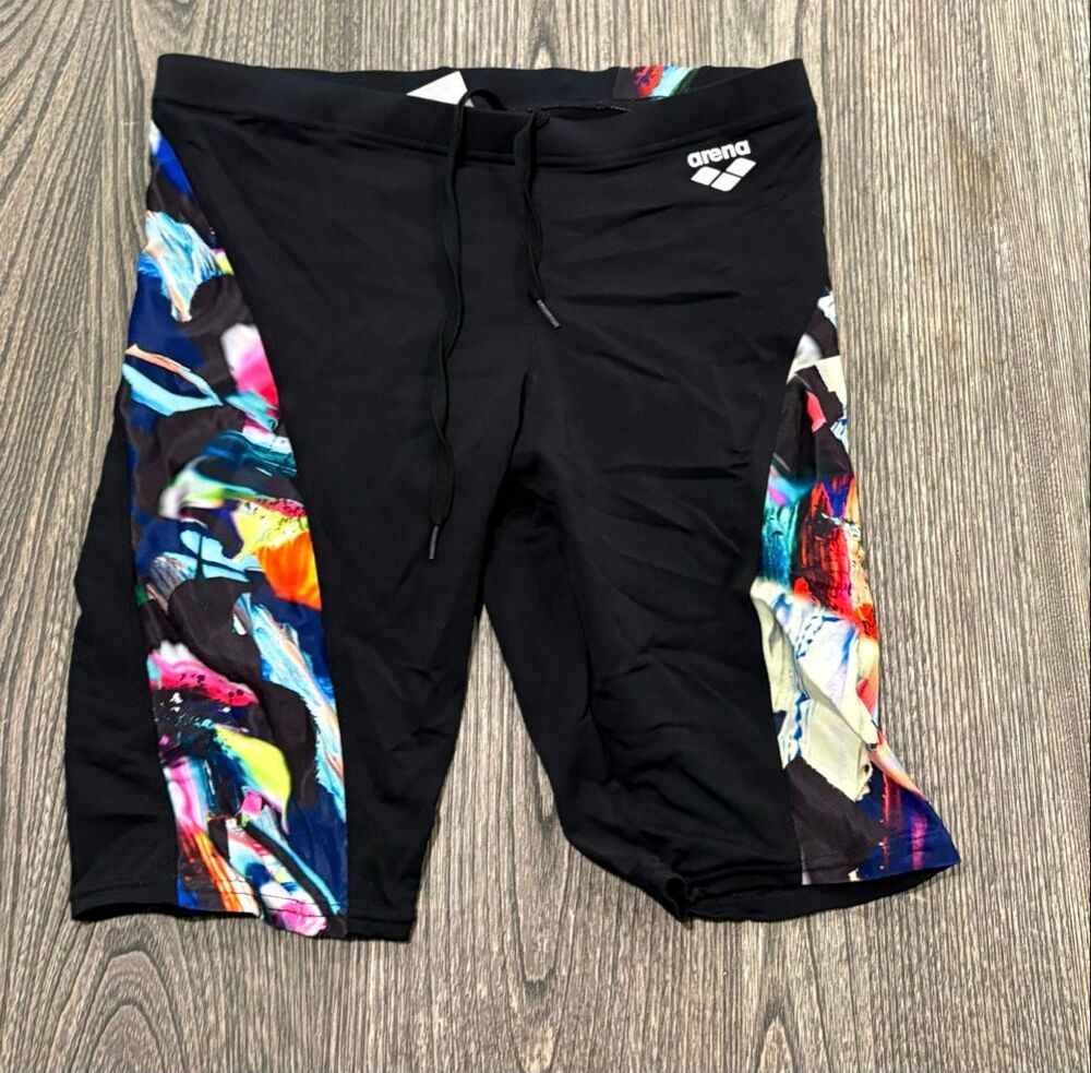 Arena Mens Swim Jammer Swimwear Colorful Paintings Print Stretch Black Size 30